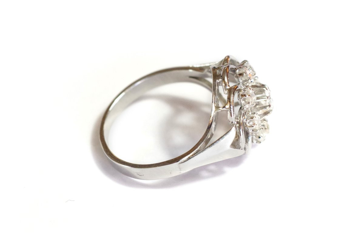 Diamonds Flower Cluster Ring In White Gold 18k, Pompadour Diamond Ring, Rose-cut Diamond-photo-1