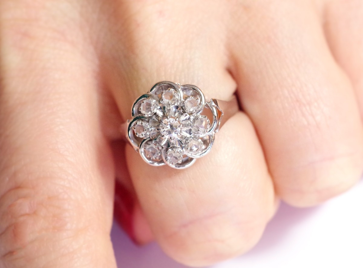 Diamonds Flower Cluster Ring In White Gold 18k, Pompadour Diamond Ring, Rose-cut Diamond