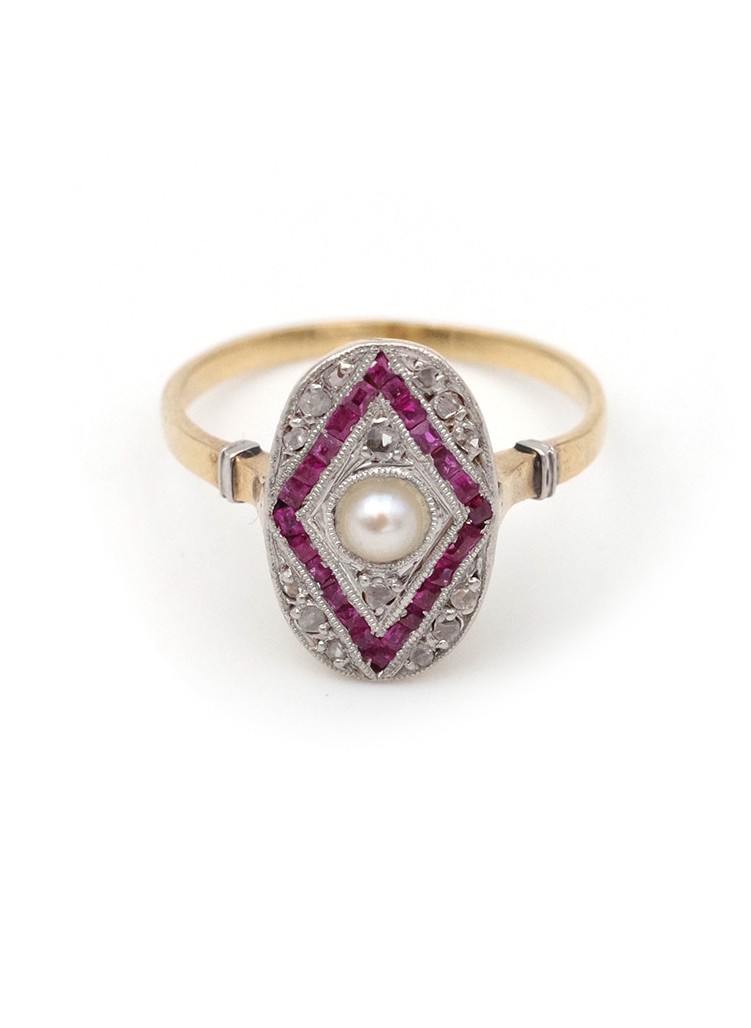 Art Deco Pearl Ruby Ring ring In 18 Karat Gold And Platinum, Art Deco Jewelry, Diamonds, Ruby
