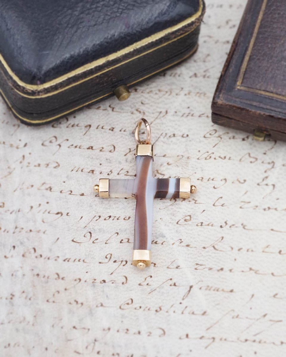 Pendentif croix agate rubanée en or 18k, croix religieuse noire et marron, bijou ancien-photo-3