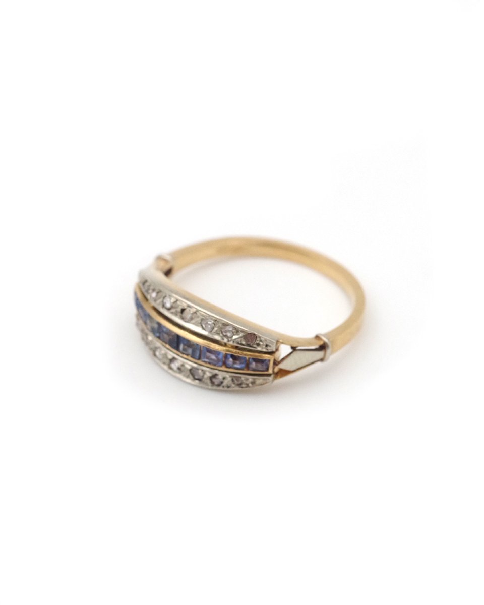 Art Deco Sapphire Diamond Ring In 18k Gold And Platinum, Wedding Band Ring, Antique Ring-photo-2