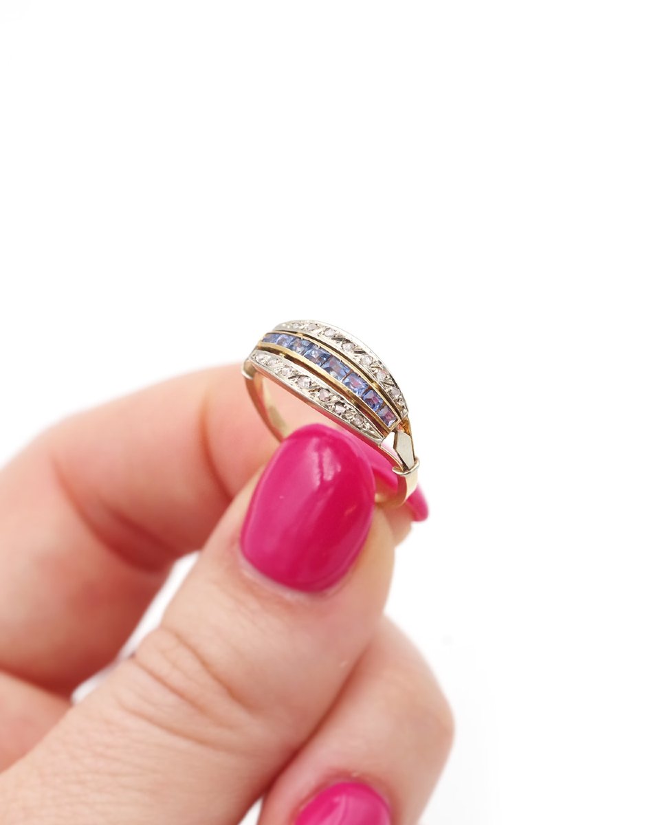 Art Deco Sapphire Diamond Ring In 18k Gold And Platinum, Wedding Band Ring, Antique Ring-photo-4