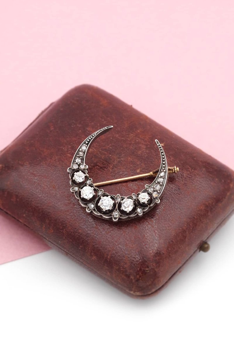 Victorian Crescent Moon Diamond Brooch In Silver And 18k Gold, Antique Celestial Brooch, 1.05ct-photo-3