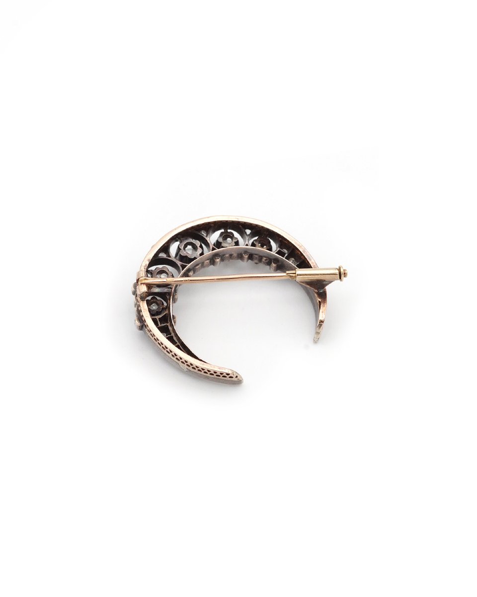 Victorian Crescent Moon Diamond Brooch In Silver And 18k Gold, Antique Celestial Brooch, 1.05ct-photo-4