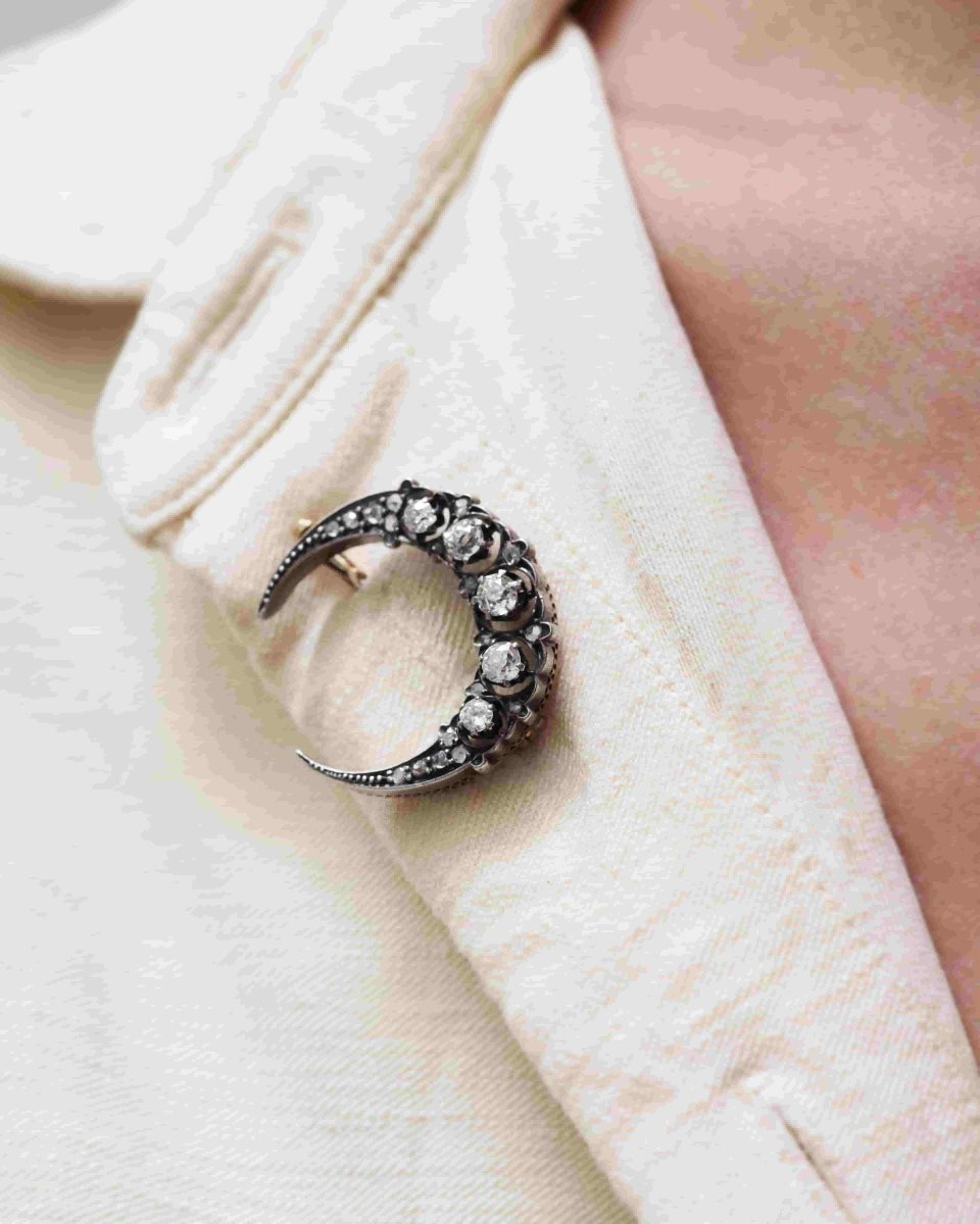 Victorian Crescent Moon Diamond Brooch In Silver And 18k Gold, Antique Celestial Brooch, 1.05ct-photo-1