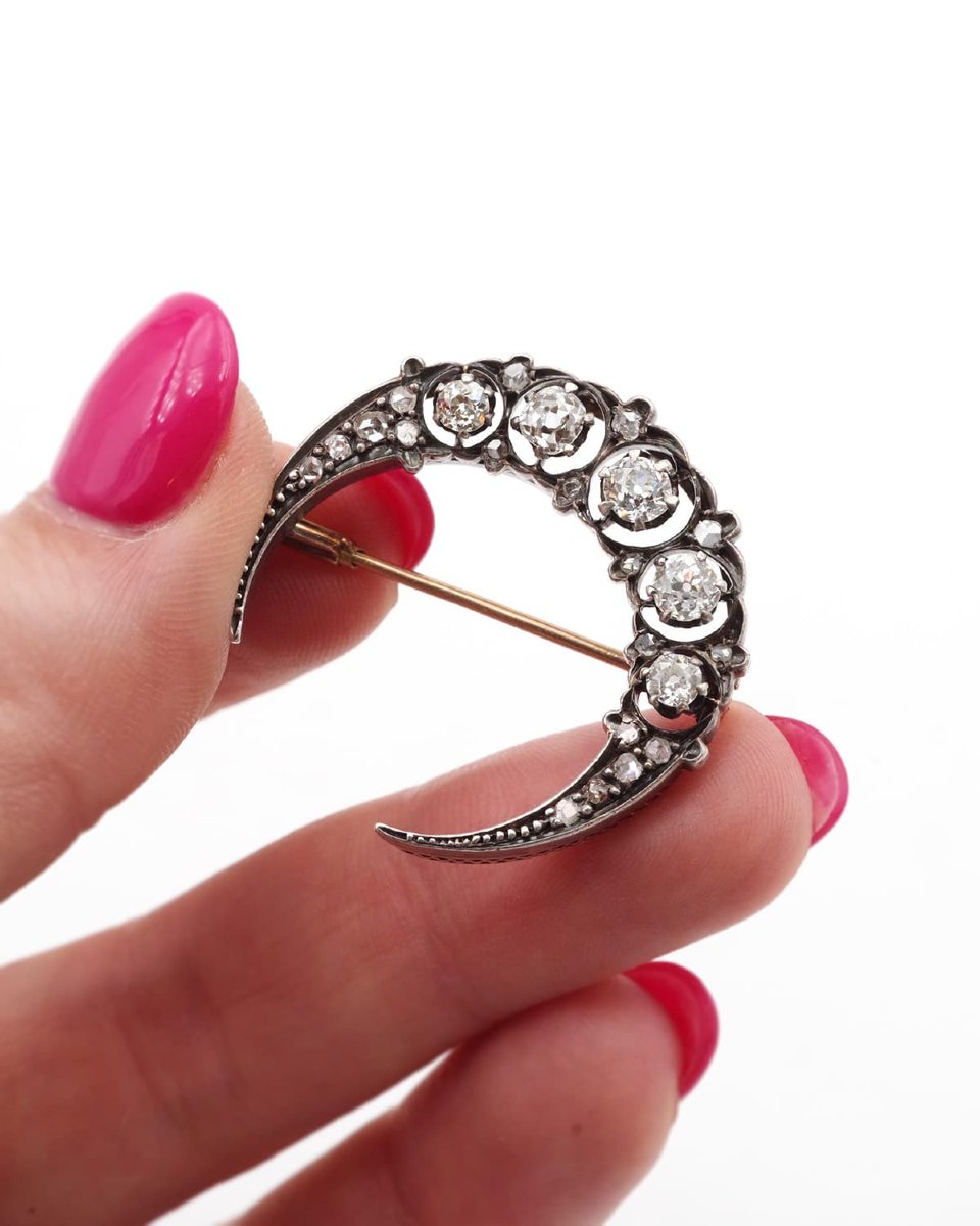 Victorian Crescent Moon Diamond Brooch In Silver And 18k Gold, Antique Celestial Brooch, 1.05ct-photo-2