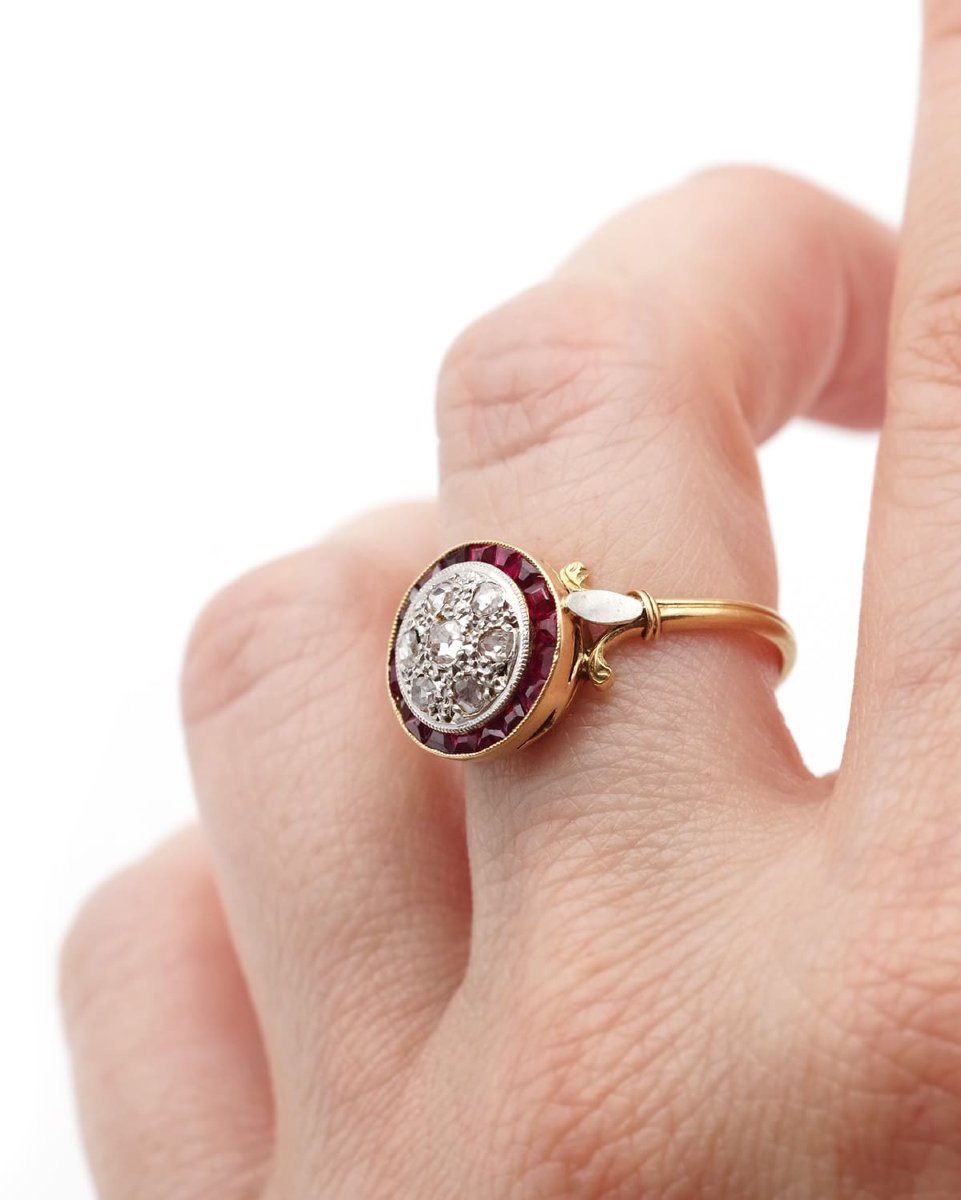 French Art Deco Target Ruby Diamond Ring, Round Edwardian Antique Ring, Circular Shape Ring -photo-3