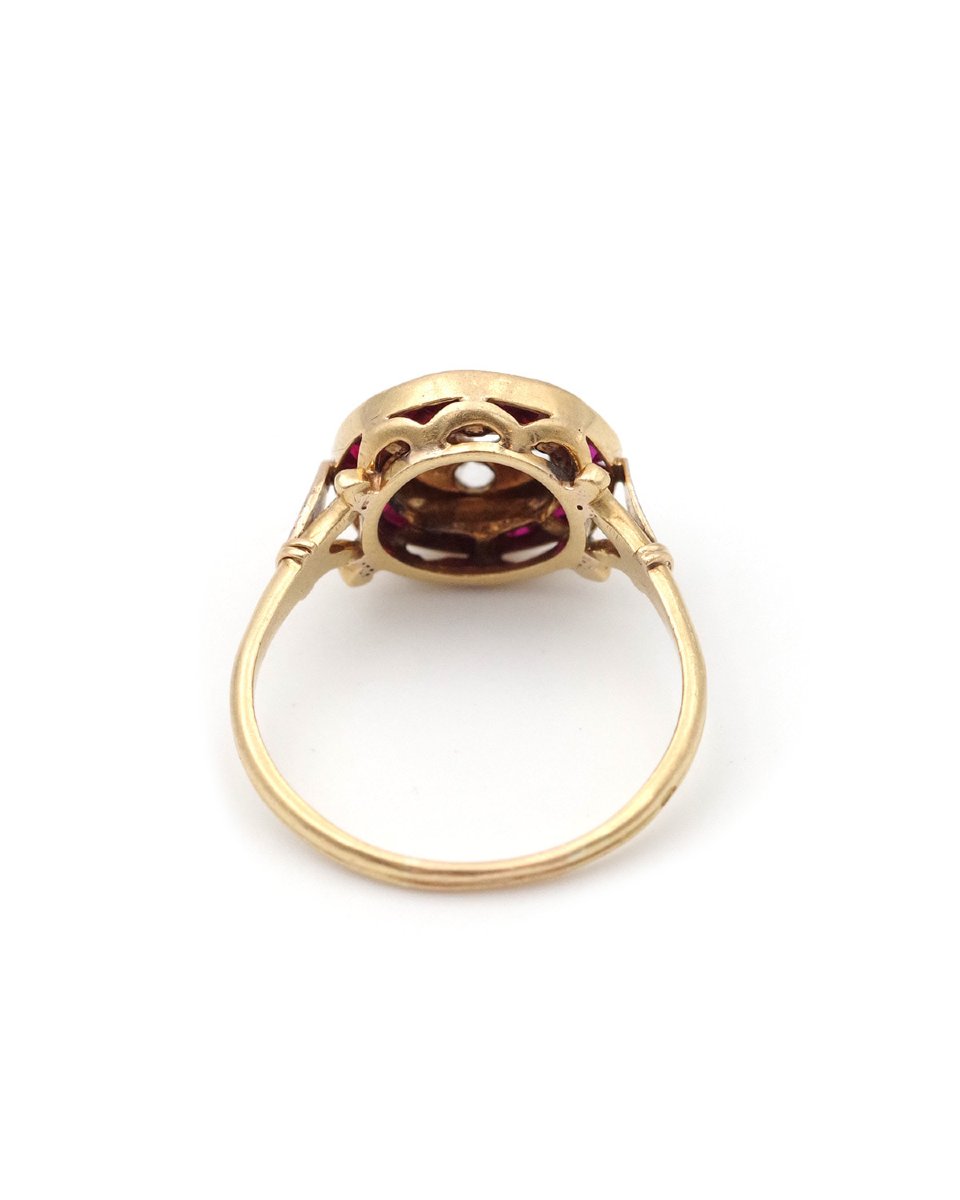French Art Deco Target Ruby Diamond Ring, Round Edwardian Antique Ring, Circular Shape Ring -photo-4