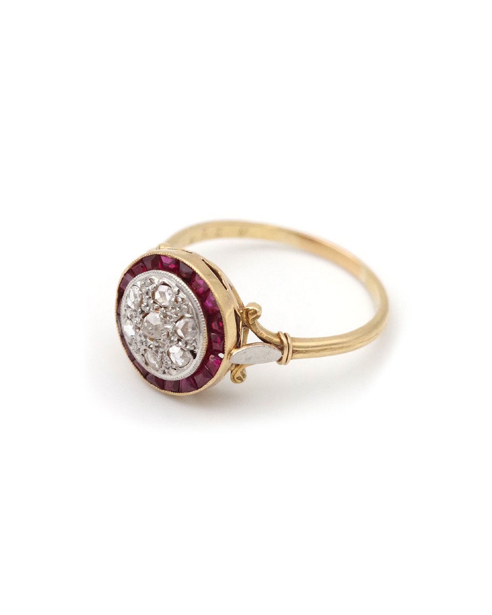 French Art Deco Target Ruby Diamond Ring, Round Edwardian Antique Ring, Circular Shape Ring -photo-3
