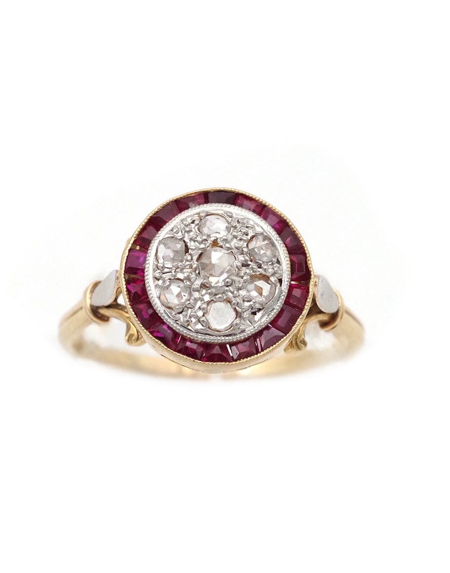 French Art Deco Target Ruby Diamond Ring, Round Edwardian Antique Ring, Circular Shape Ring 