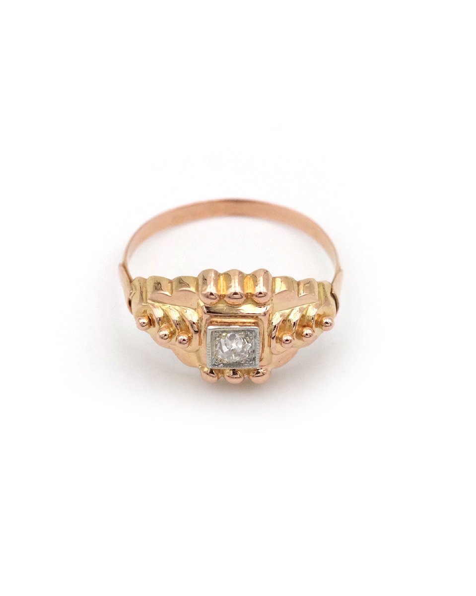 Retro Solitaire Ring With 18 Karat Gold Beads, Retro French Diamond Ring, Vintage Ring -photo-2