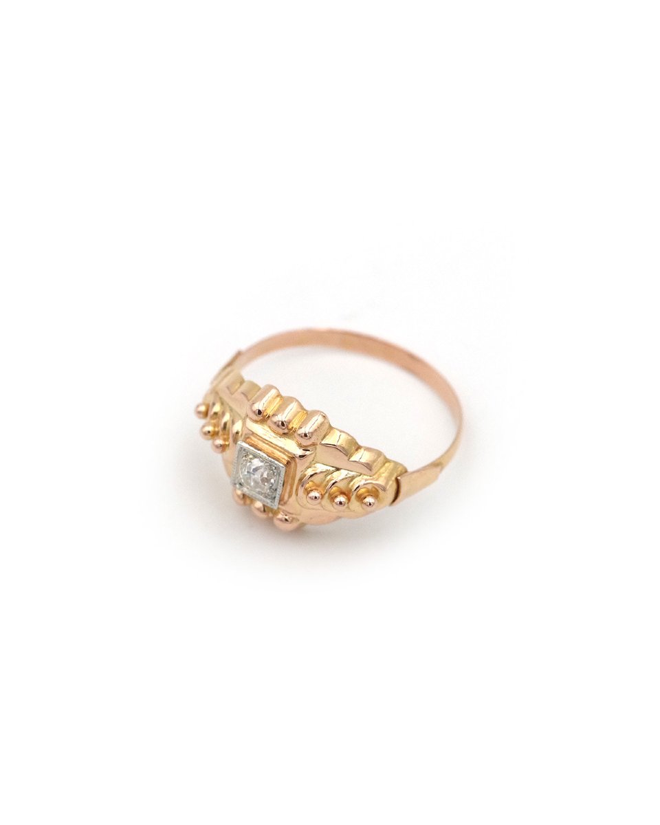 Retro Solitaire Ring With 18 Karat Gold Beads, Retro French Diamond Ring, Vintage Ring -photo-3