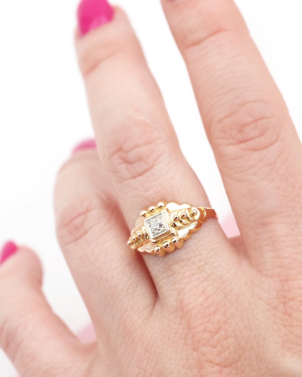 Retro Solitaire Ring With 18 Karat Gold Beads, Retro French Diamond Ring, Vintage Ring -photo-2