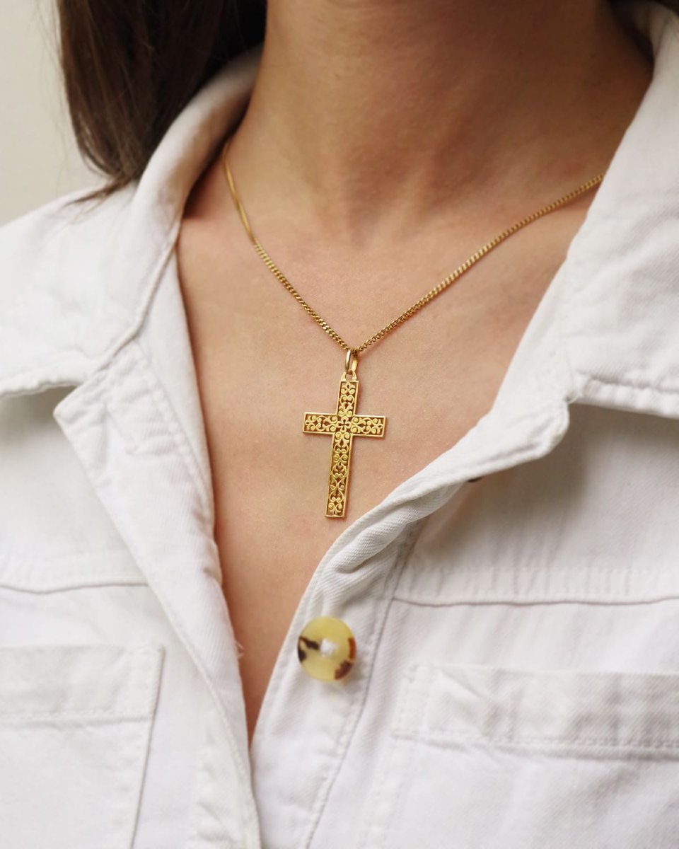 Openwork French 18k Gold Cross, Religious Pendant, Christian Gold Cross, Retro Pendant-photo-2