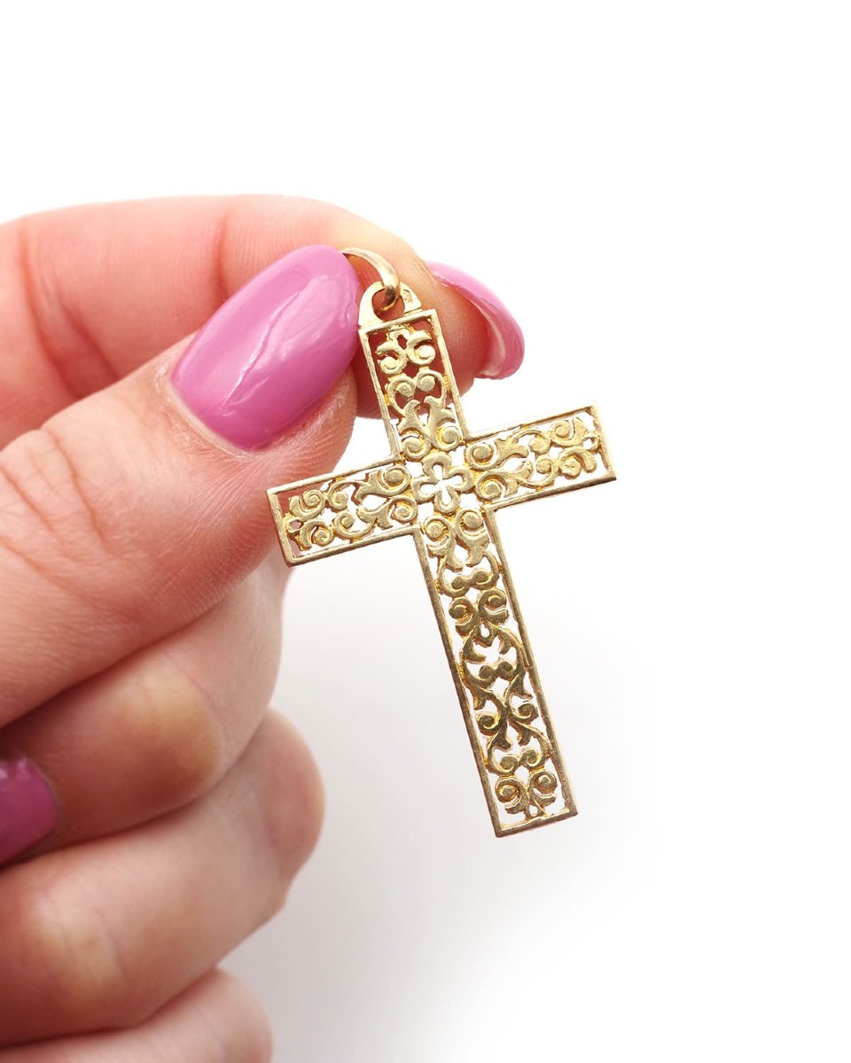 Openwork French 18k Gold Cross, Religious Pendant, Christian Gold Cross, Retro Pendant-photo-3
