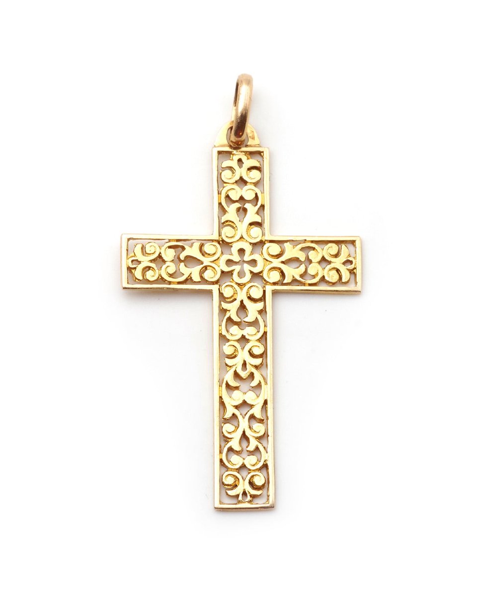 Openwork French 18k Gold Cross, Religious Pendant, Christian Gold Cross, Retro Pendant-photo-1