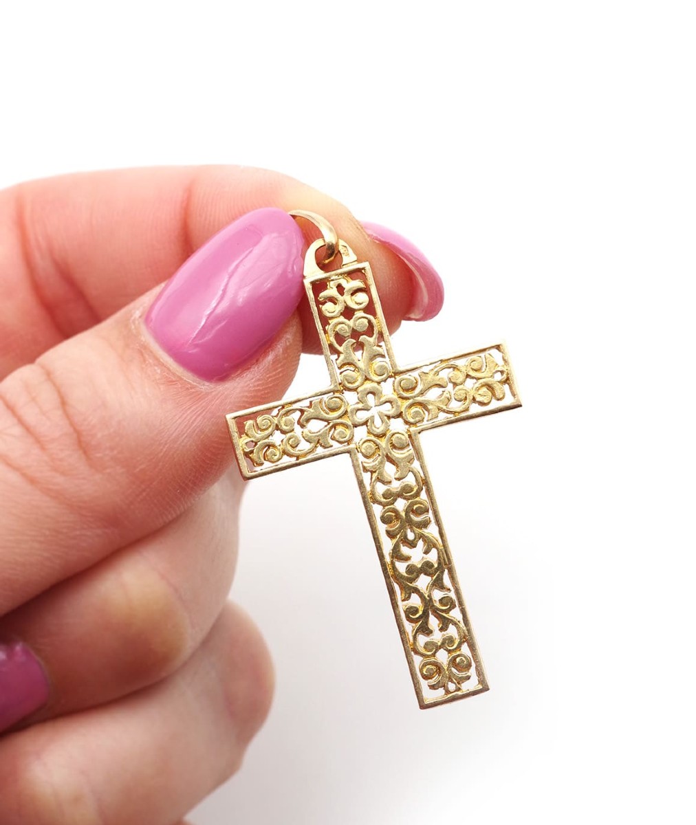 Openwork French 18k Gold Cross, Religious Pendant, Christian Gold Cross, Retro Pendant