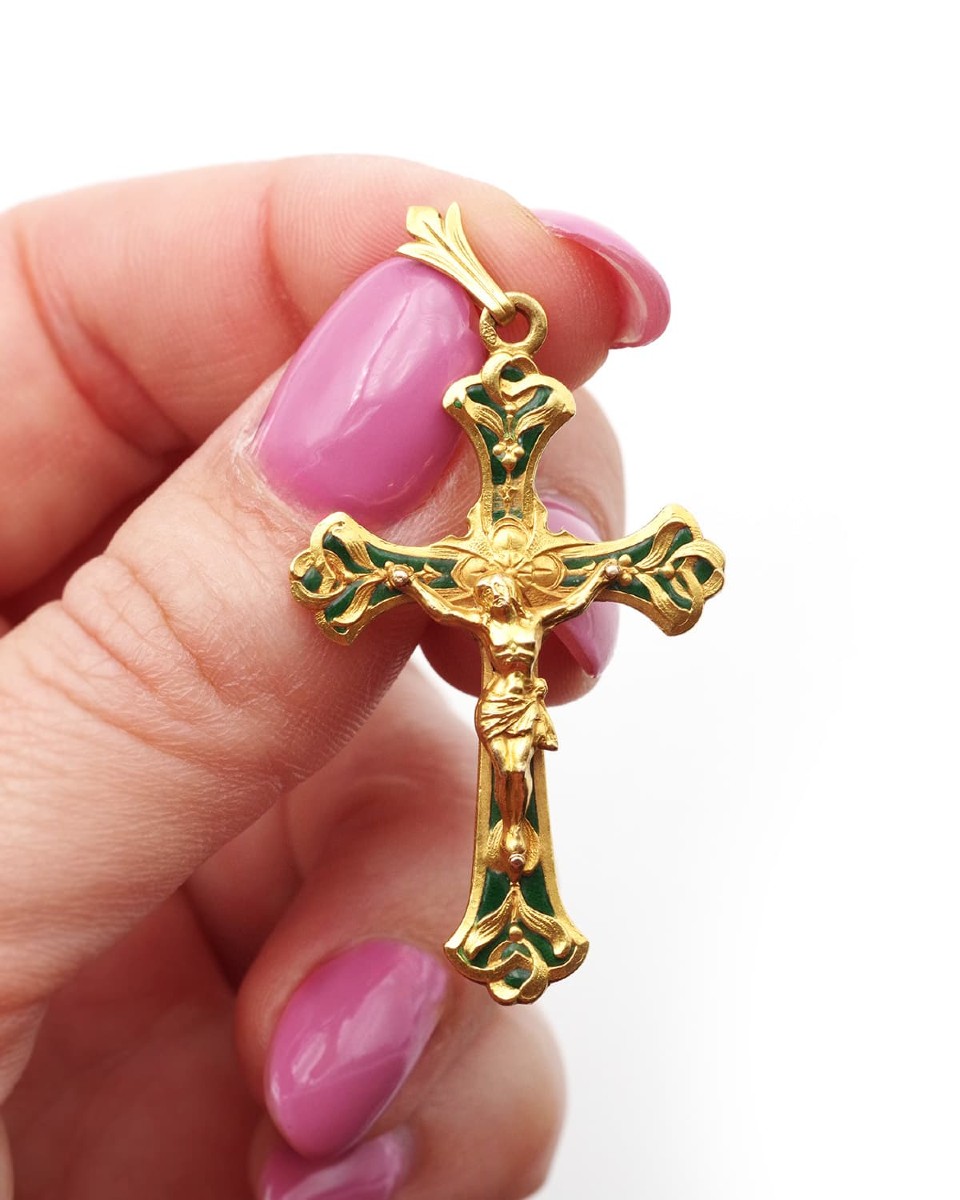 Art Nouveau Enameled Cross Pendant In 18k Gold, Mistletoe, Gold Enamel