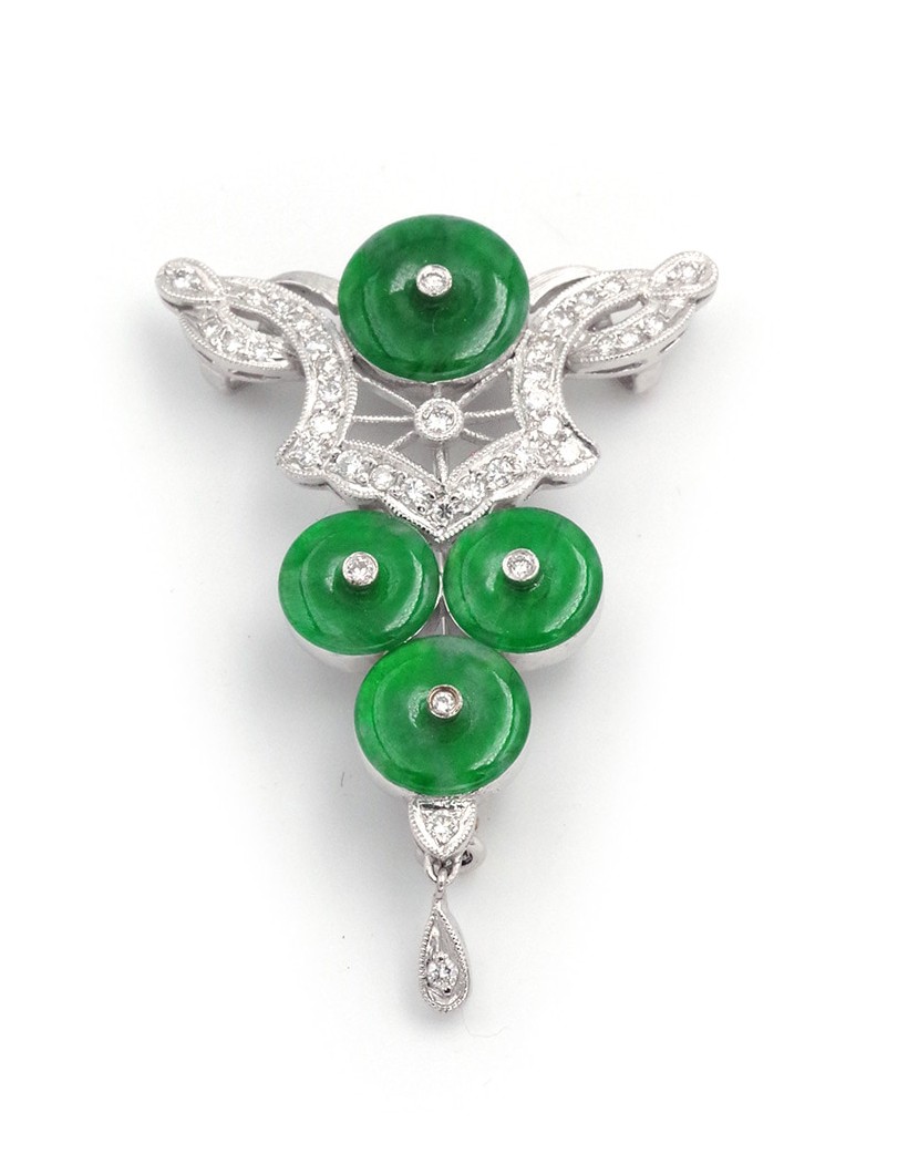 Jade And Diamond Brooch Pendant In 18k White Gold, Art Deco Style, Brooch Pendant, Jade