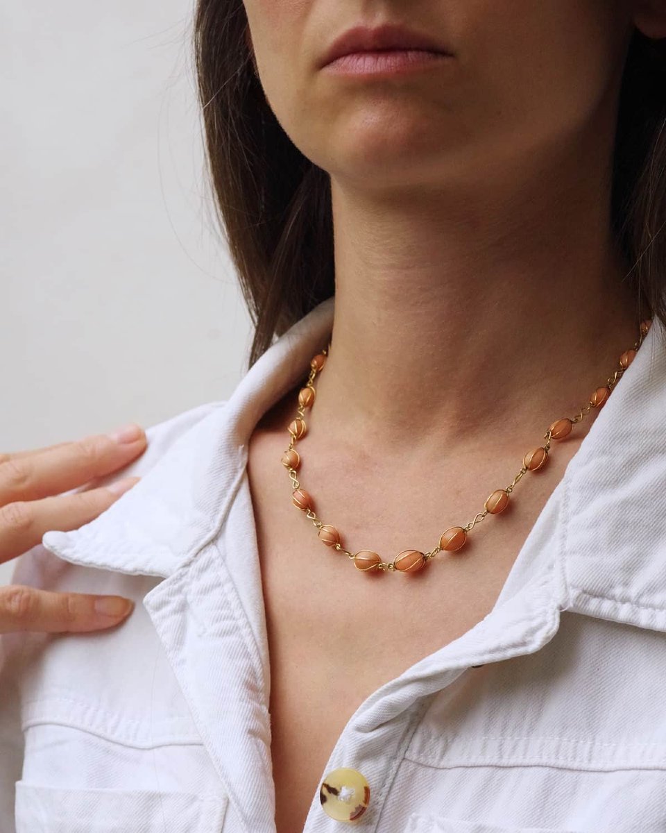 Coral Pearl Necklace In 18k Gold, Cage Coral Necklace, Long Necklace, Orange Coral-photo-1