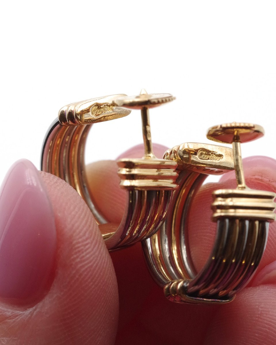 Boucles d'oreille Cartier en or jaune 18k et acier, signé Cartier, boucles vintage-photo-2