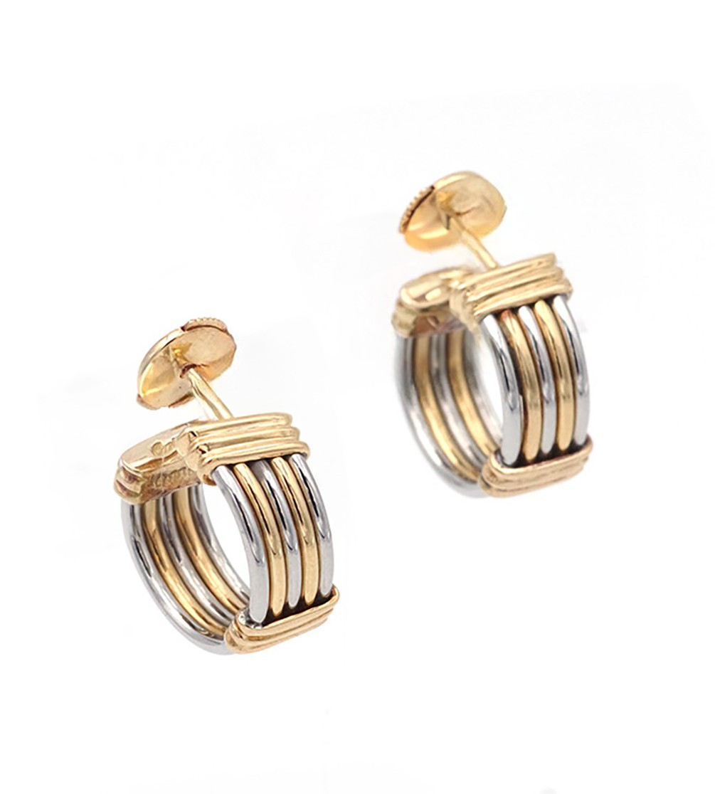 Boucles d'oreille Cartier en or jaune 18k et acier, signé Cartier, boucles vintage