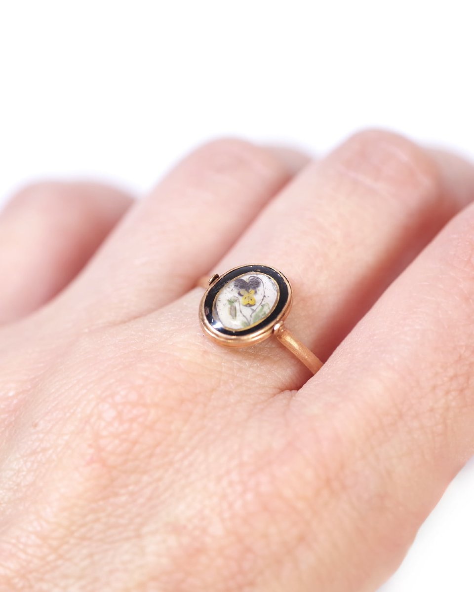 Bague de sentiment en or 18k, bague pivotante, portrait sur nacre, pensée fleur, pensez à moi-photo-3
