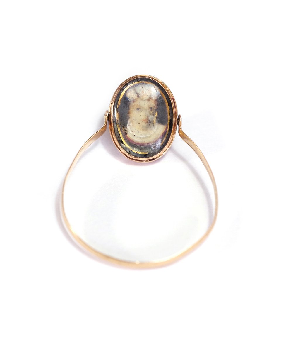 Bague de sentiment en or 18k, bague pivotante, portrait sur nacre, pensée fleur, pensez à moi-photo-4