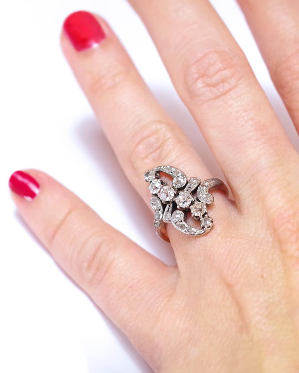 Bague marquise Belle epoque, diamants en or 18k et platine, bague ancienne, circa 1900-photo-2