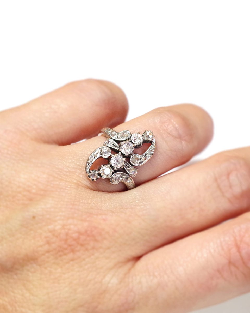 Bague marquise Belle epoque, diamants en or 18k et platine, bague ancienne, circa 1900-photo-3