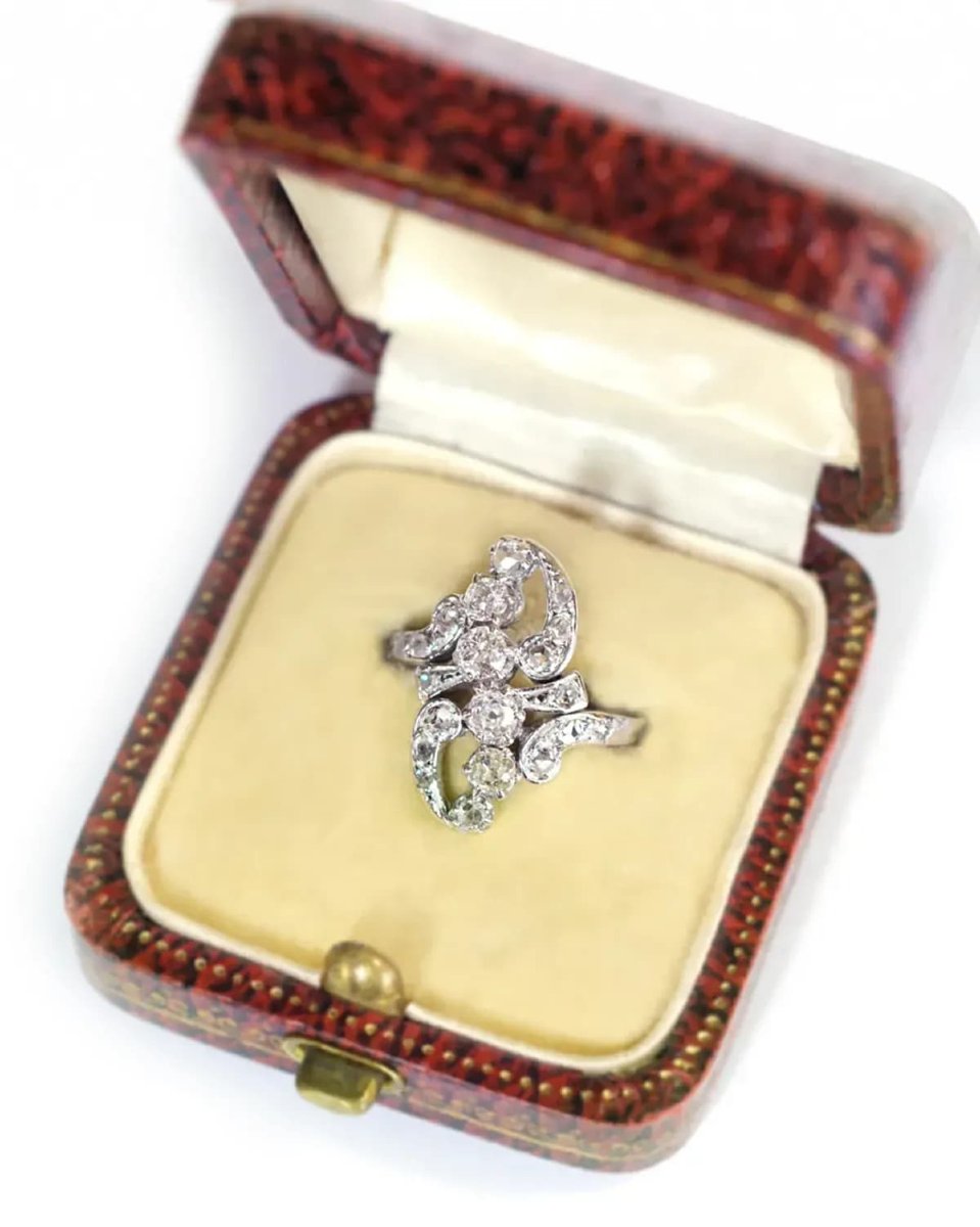 Bague marquise Belle epoque, diamants en or 18k et platine, bague ancienne, circa 1900-photo-1