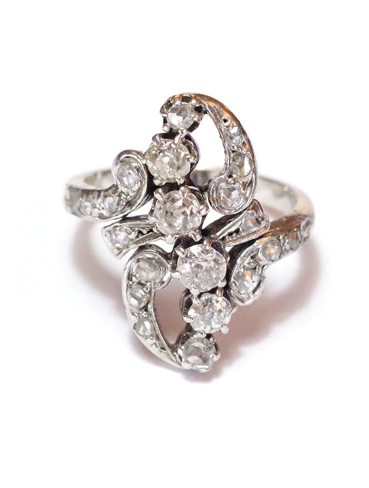 Bague marquise Belle epoque, diamants en or 18k et platine, bague ancienne, circa 1900