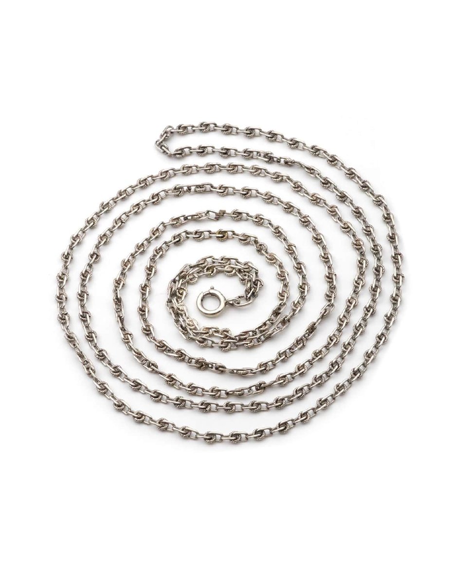 Long Double Silver Chain Sautoir, Long French Victorian Silver Chain With Link Knots-photo-2