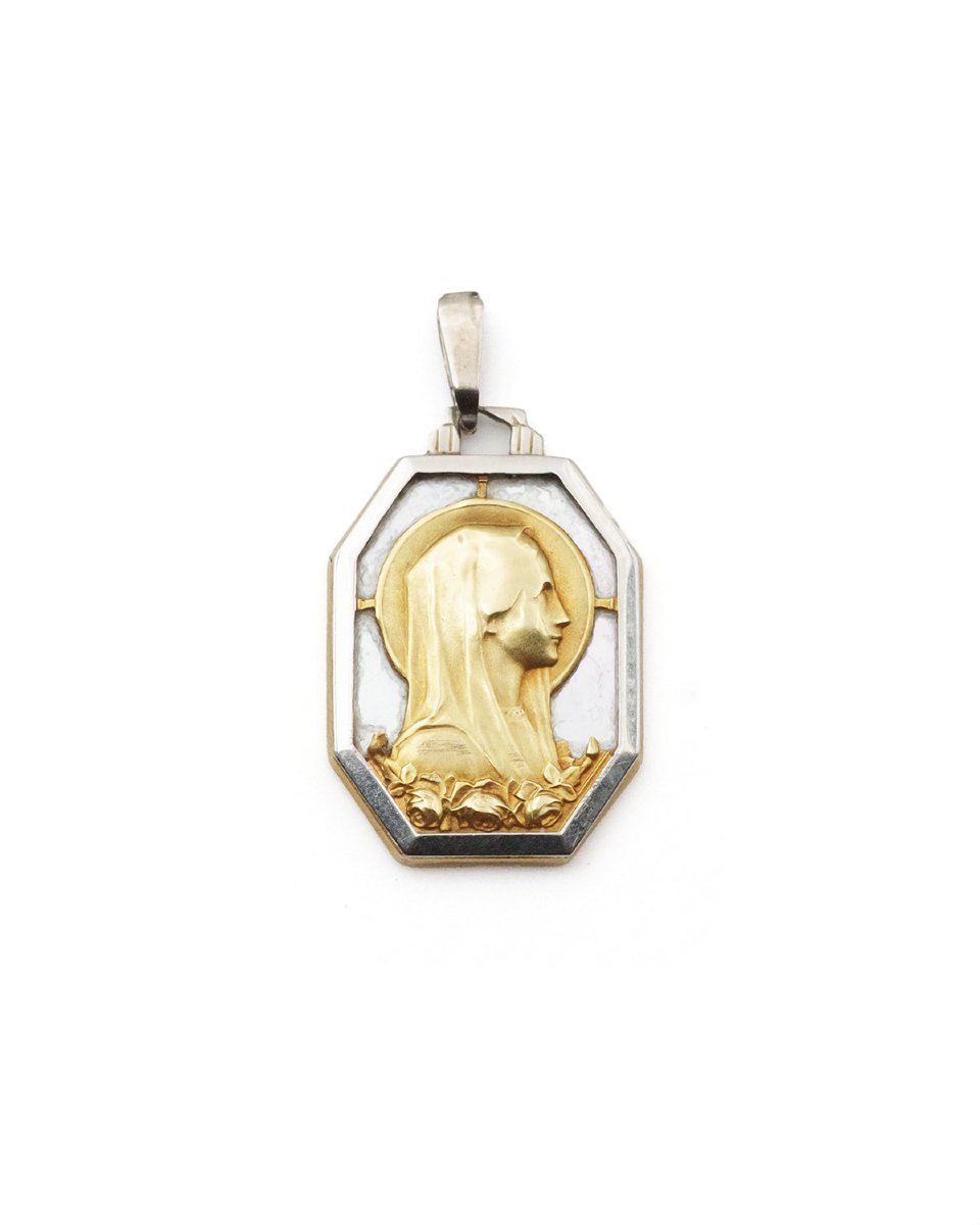 Médaille Vierge Marie Art deco en platine et or 18k, médaille religieuse, médaille chrétienne-photo-3