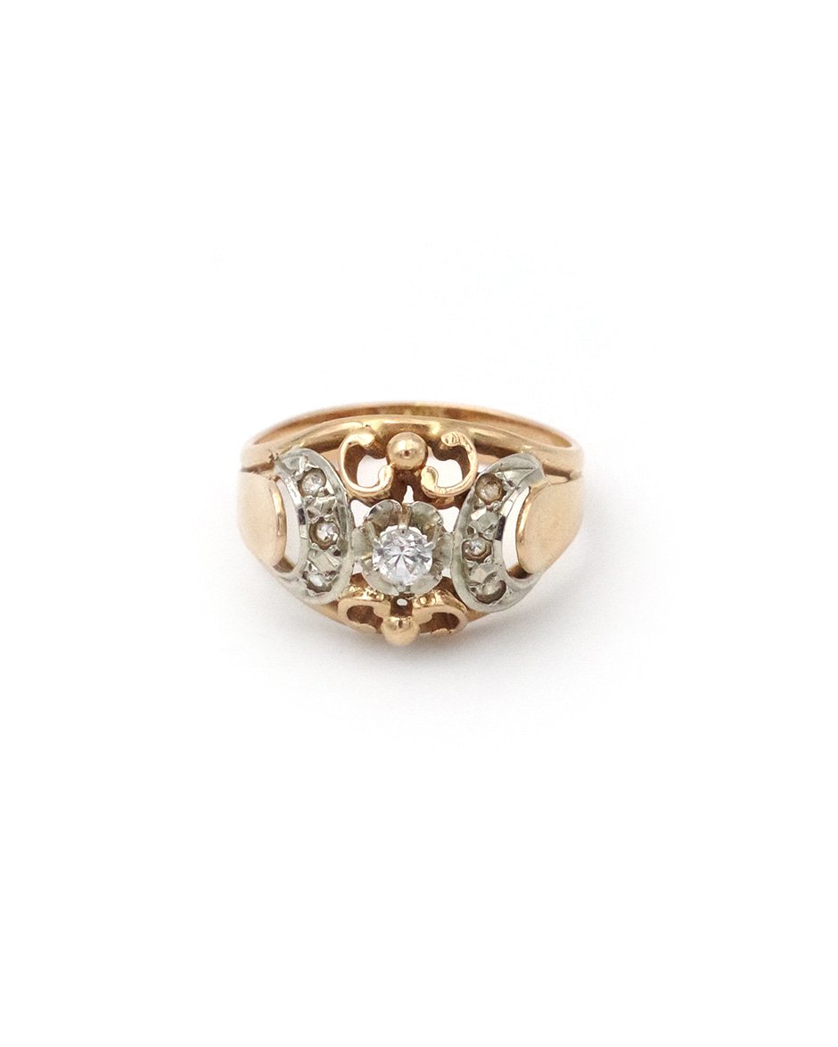 Bague Rétro en or 18 karats et platine, Bague des années 1940, imitation diamant-photo-3