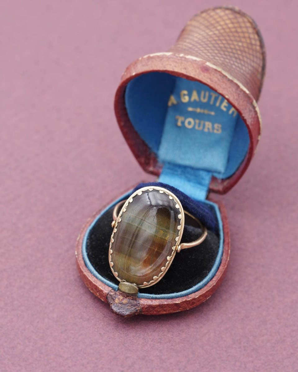 Bague pivotante œil-de-tigre en or 18k, Bague ancienne pour homme, bijou ancien-photo-2