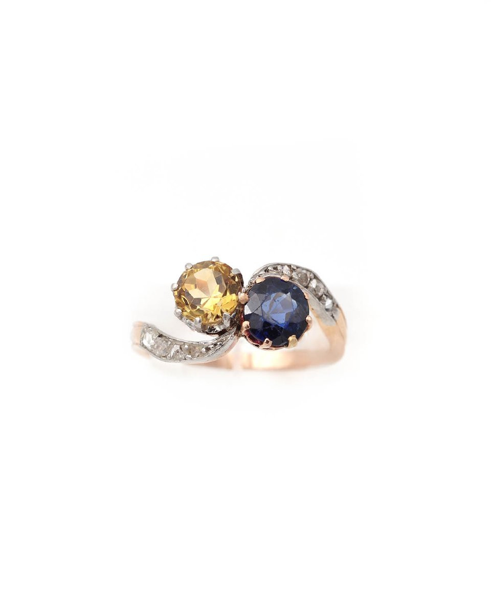 Bague Toi Moi citrine saphir en or 18k et platine, bague ancienne, Belle Epoque, saphir 0.90 ct-photo-4