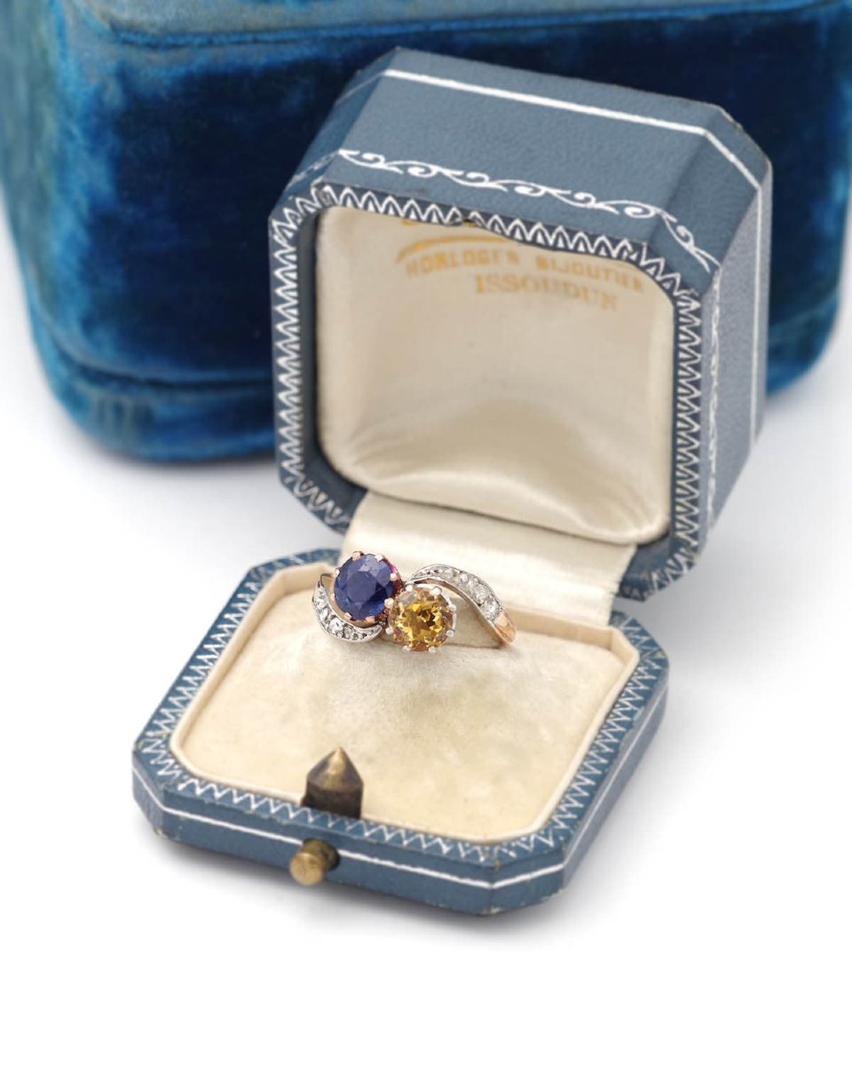 Bague Toi Moi citrine saphir en or 18k et platine, bague ancienne, Belle Epoque, saphir 0.90 ct-photo-2