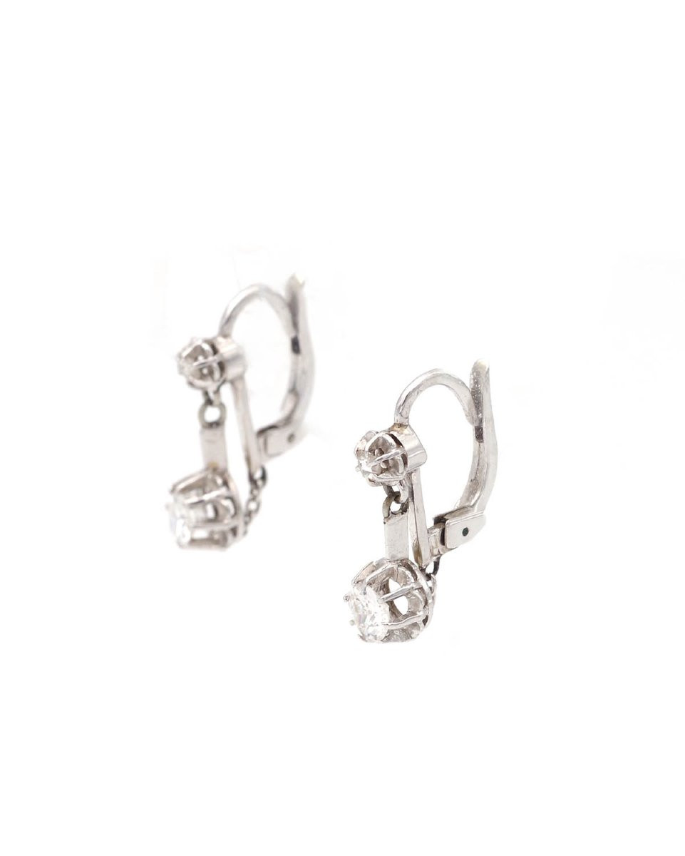Dormeuses diamants 0.40 ct en or blanc 18k, boucles d'oreille Art Deco, bijou ancien-photo-2