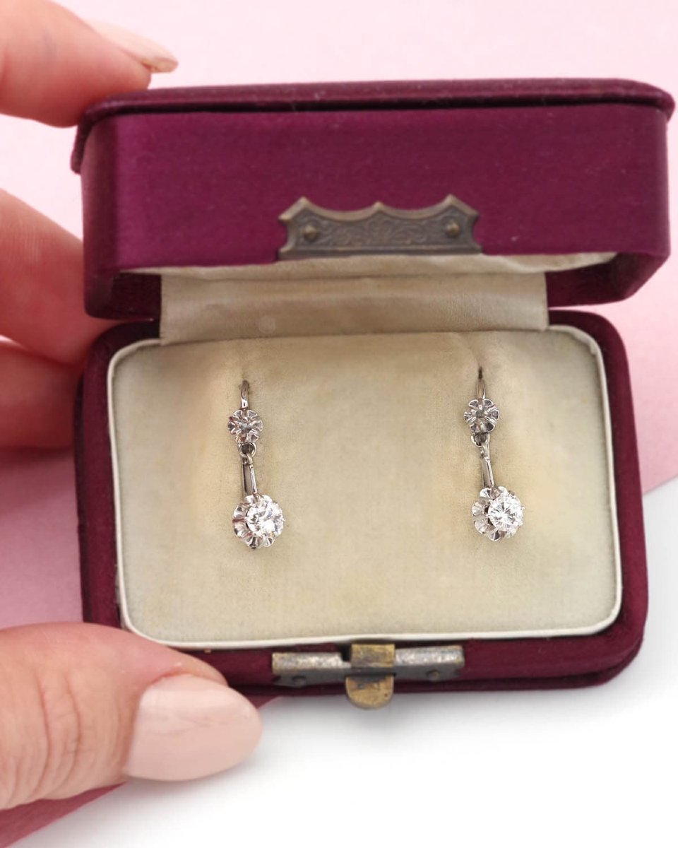 Dormeuses diamants 0.40 ct en or blanc 18k, boucles d'oreille Art Deco, bijou ancien-photo-4