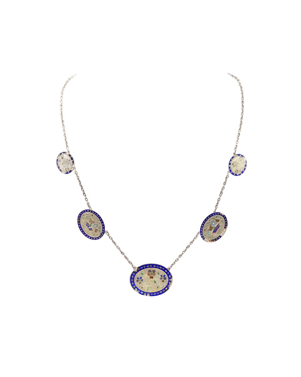 Antique Normandy Enamel Necklace In Silver, Pansy Flowers, Sentimental Victorian Jewelery-photo-1