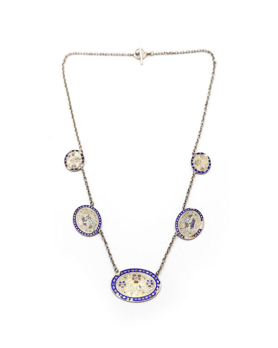 Antique Normandy Enamel Necklace In Silver, Pansy Flowers, Sentimental Victorian Jewelery-photo-2