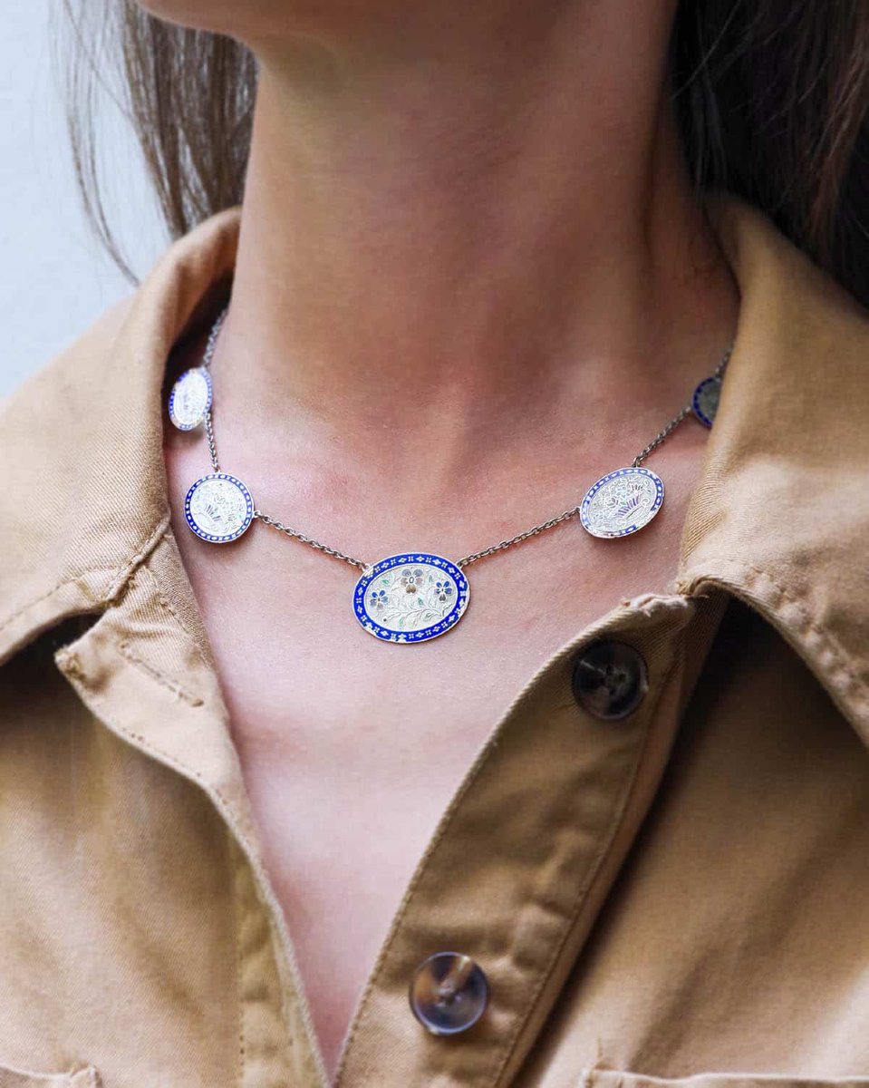 Antique Normandy Enamel Necklace In Silver, Pansy Flowers, Sentimental Victorian Jewelery-photo-3