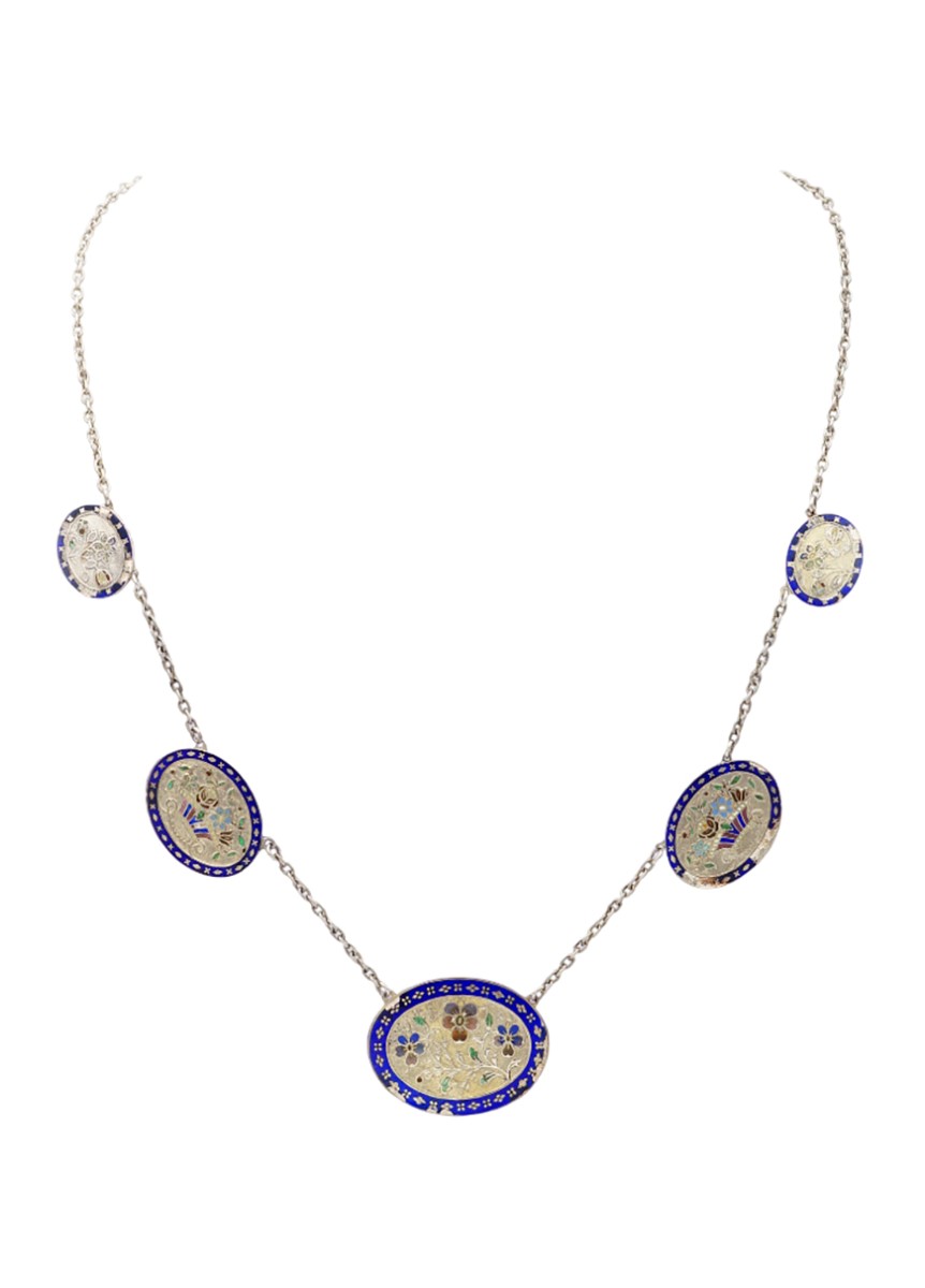 Antique Normandy Enamel Necklace In Silver, Pansy Flowers, Sentimental Victorian Jewelery