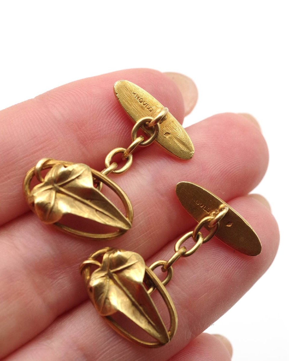 Boutons de manchette Art Nouveau signés Arnould en or 18k, bijou pour homme, bijou ancien -photo-3