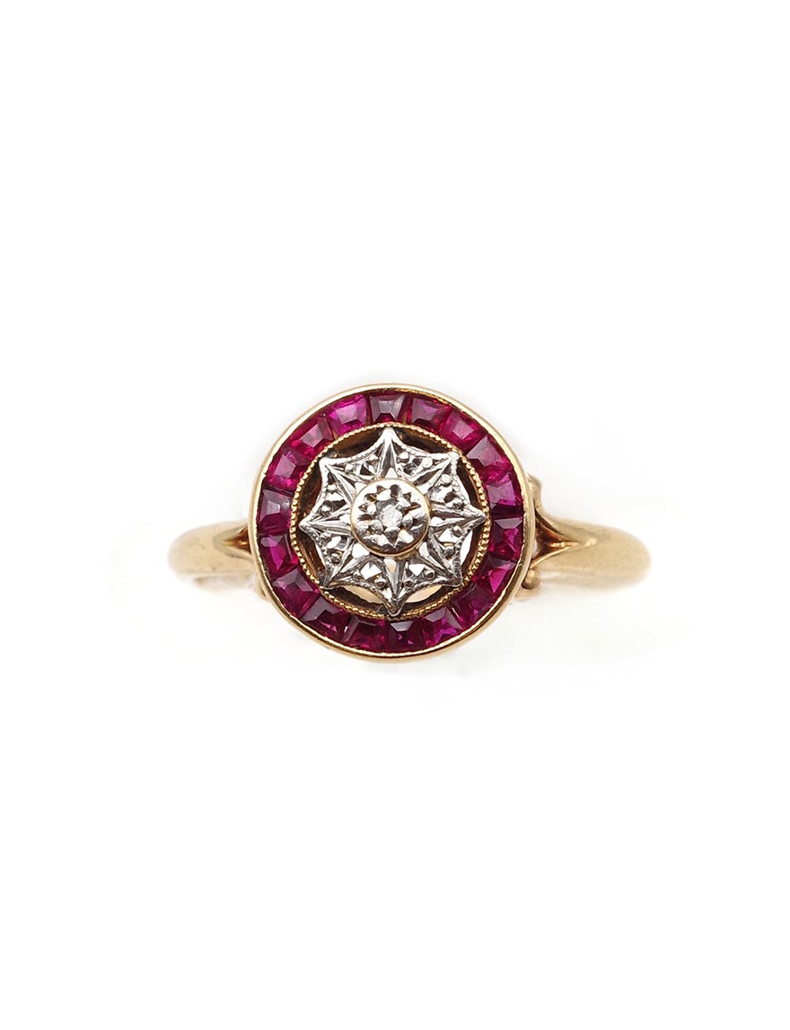 Bague cible rubis diamants en or 18k et platine, bague circulaire, bague ancienne, platine