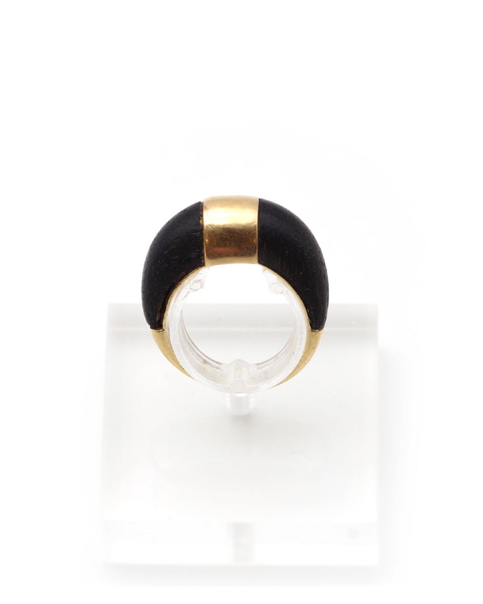 Bague jonc bois et or jaune 18k, Bague bombée année 1970, bois sombre, bijou vintage-photo-1