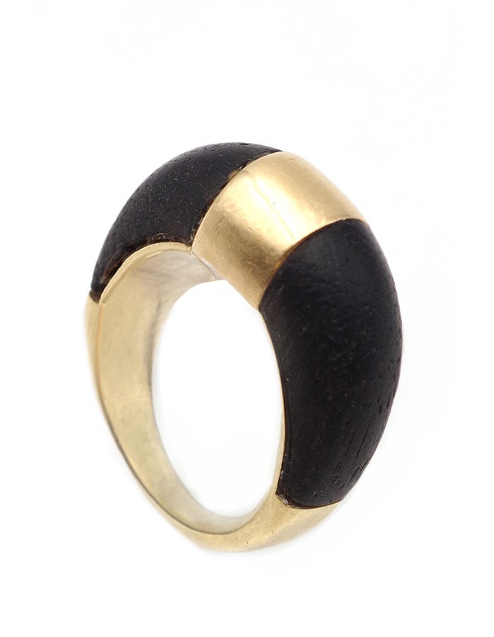 Bague jonc bois et or jaune 18k, Bague bombée année 1970, bois sombre, bijou vintage