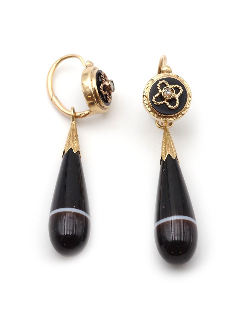 Boucles d'oreille agate zonée en or 18k, pendants d'oreille goutte, bijou de deuil XIXe 
