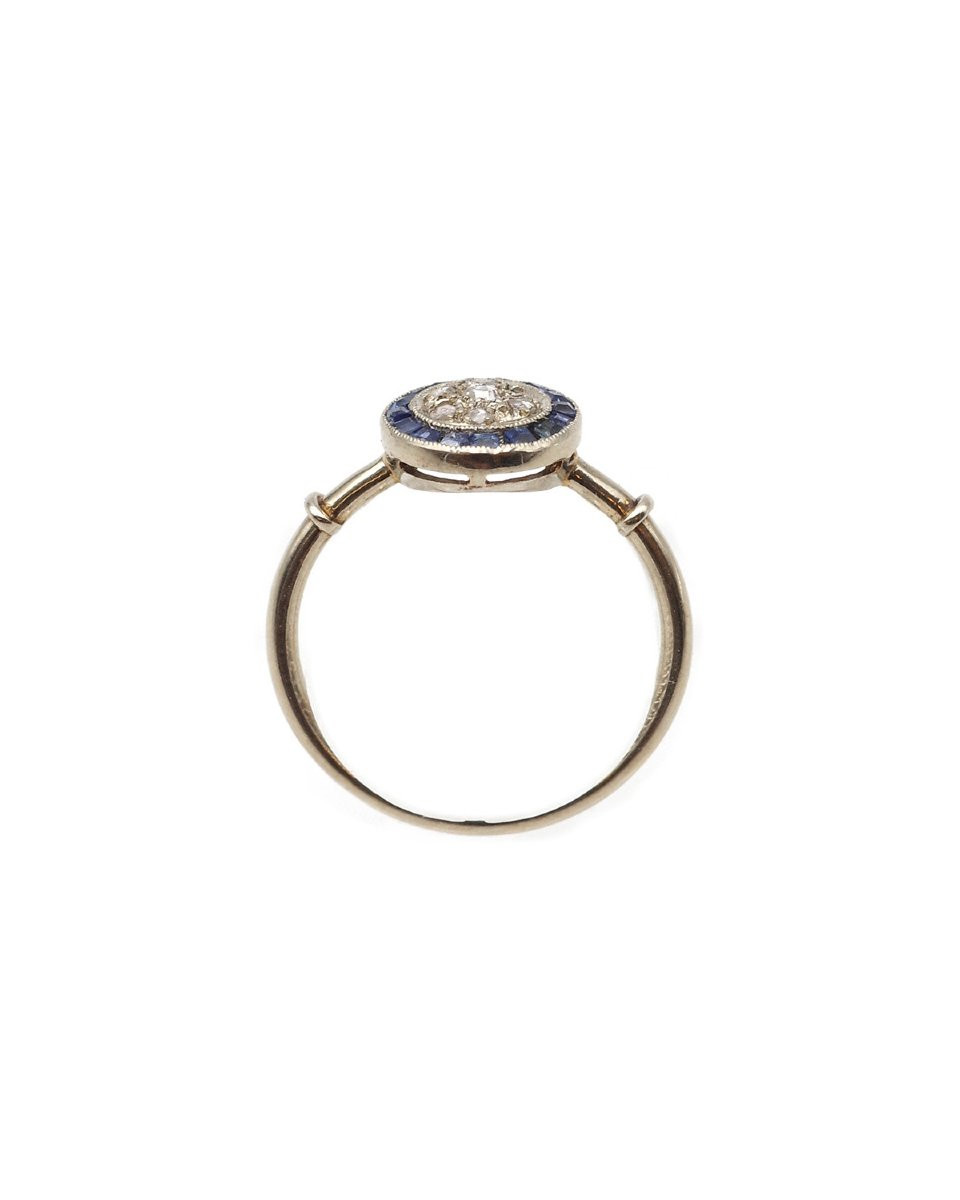 Art Deco Circular Sapphire Ring in 18k White Gold And Platinum, Round Art Ring-photo-3